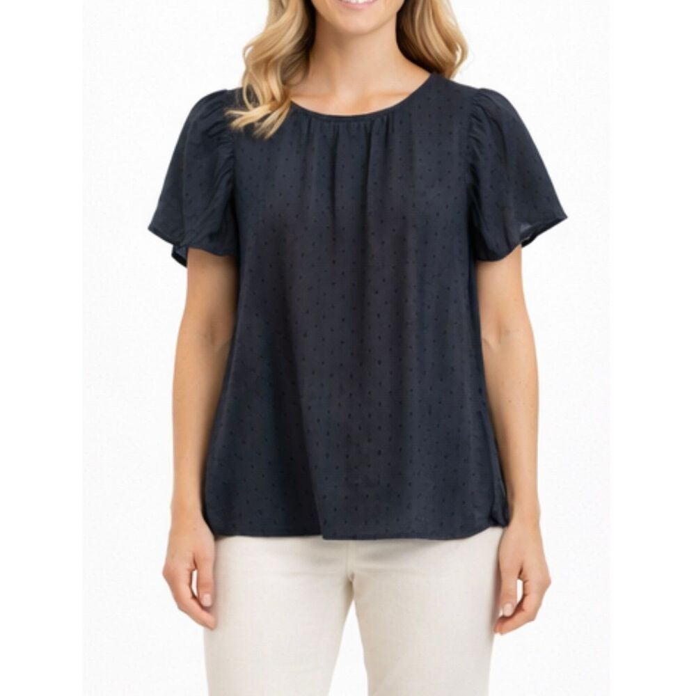 Loft cotton blue Swiss dot ruffle sleeve top size M